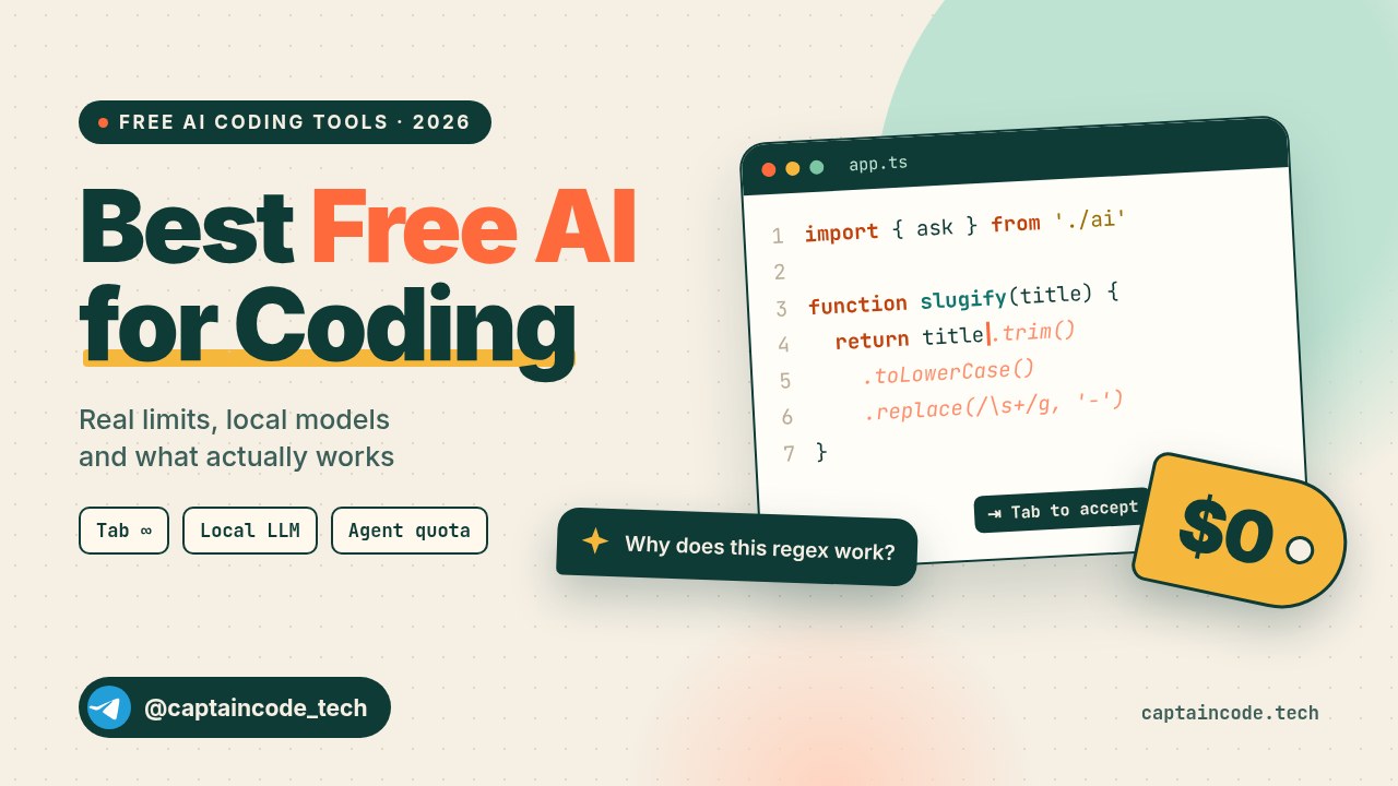 Best free AI for coding cover: a code editor with an AI autocomplete suggestion, a $0 price tag and a chat bubble